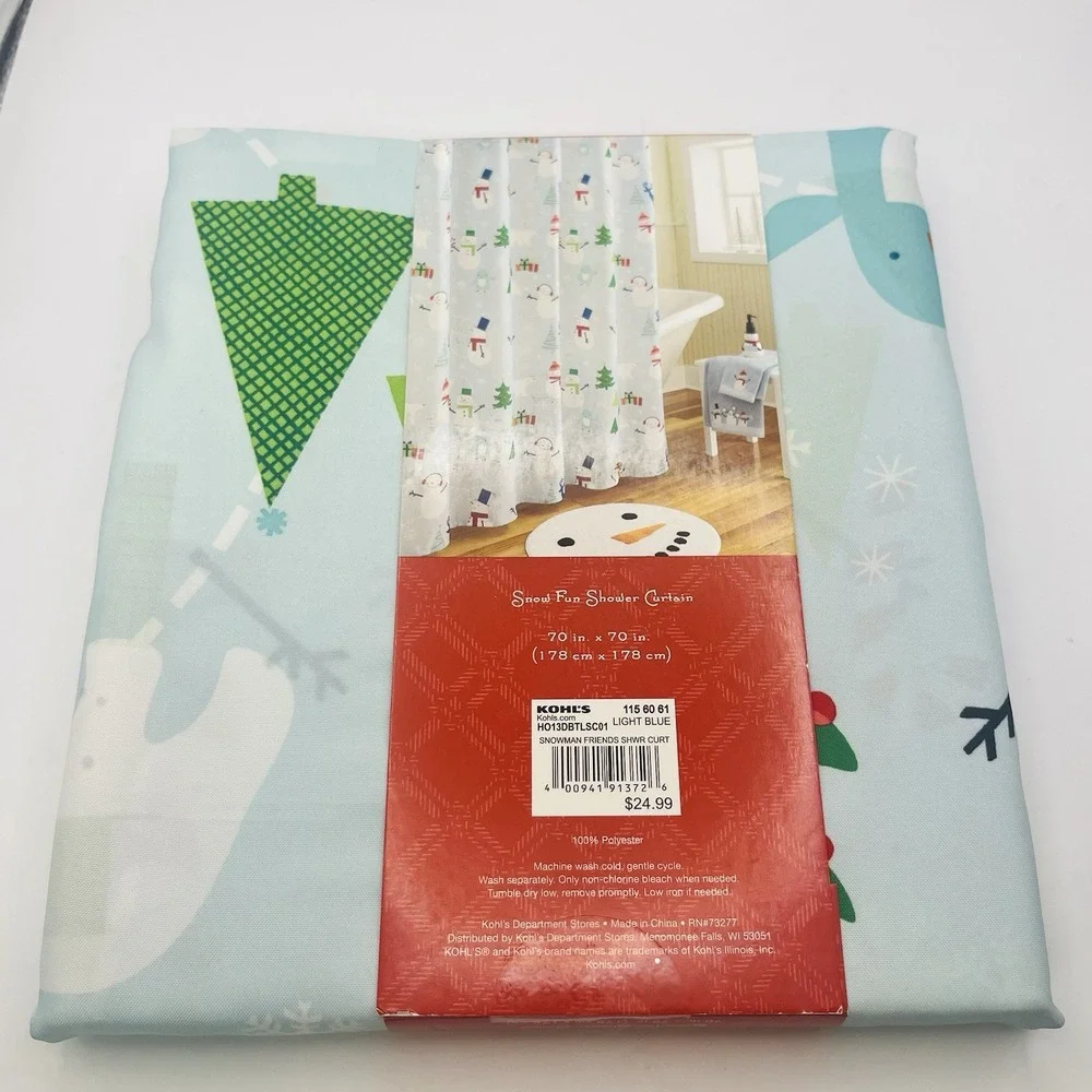 St. Nicholas Square Snow Fun Shower Curtain Light Blue Snowman Holiday 70x70 NEW